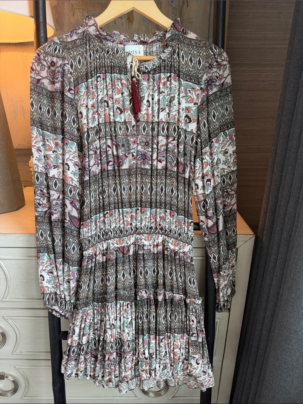 Boho Tiered Floral Long-Sleeve Dress in Brown and Cream